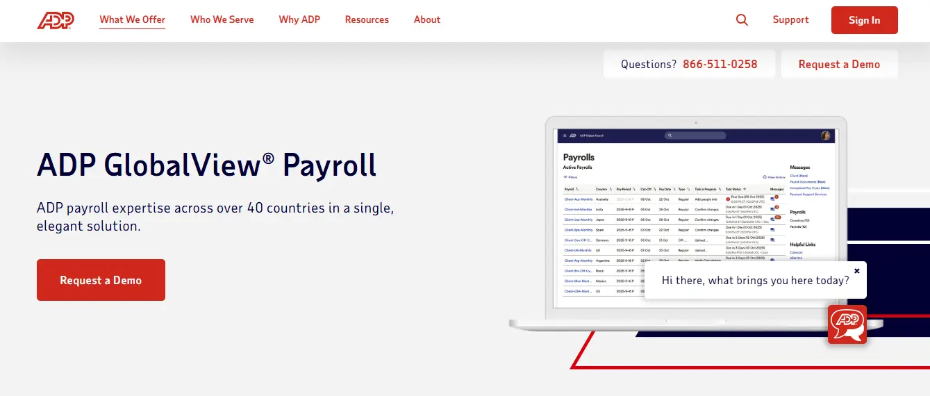ADP GlobalView enterprise payroll dashboard showing global workforce and compliance management.