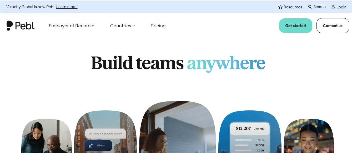 Pebl global employment platform interface showing contractor management, EOR, and compliance tools.