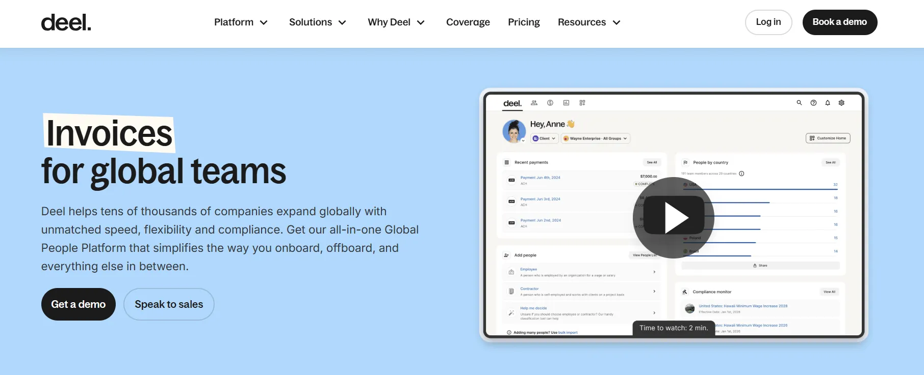 Deel supports global payroll, contractor management, and EOR services across 150+ countries.