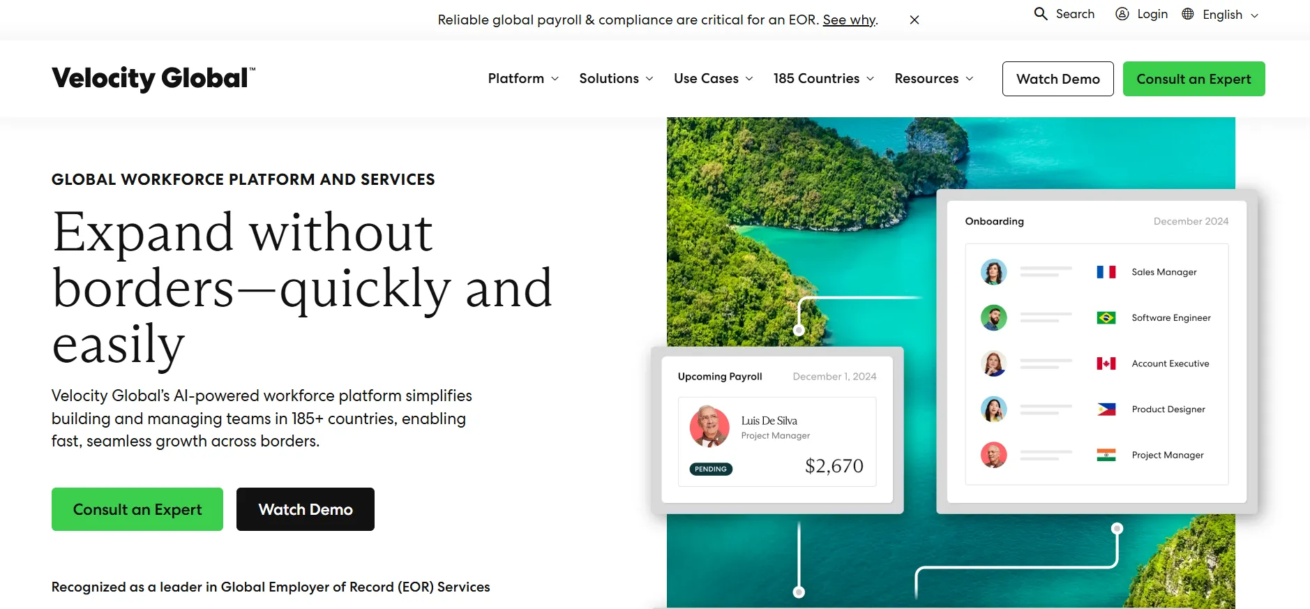 Velocity Global enables compliant hiring across 185+ countries with robust compliance processes and immigration assistance.