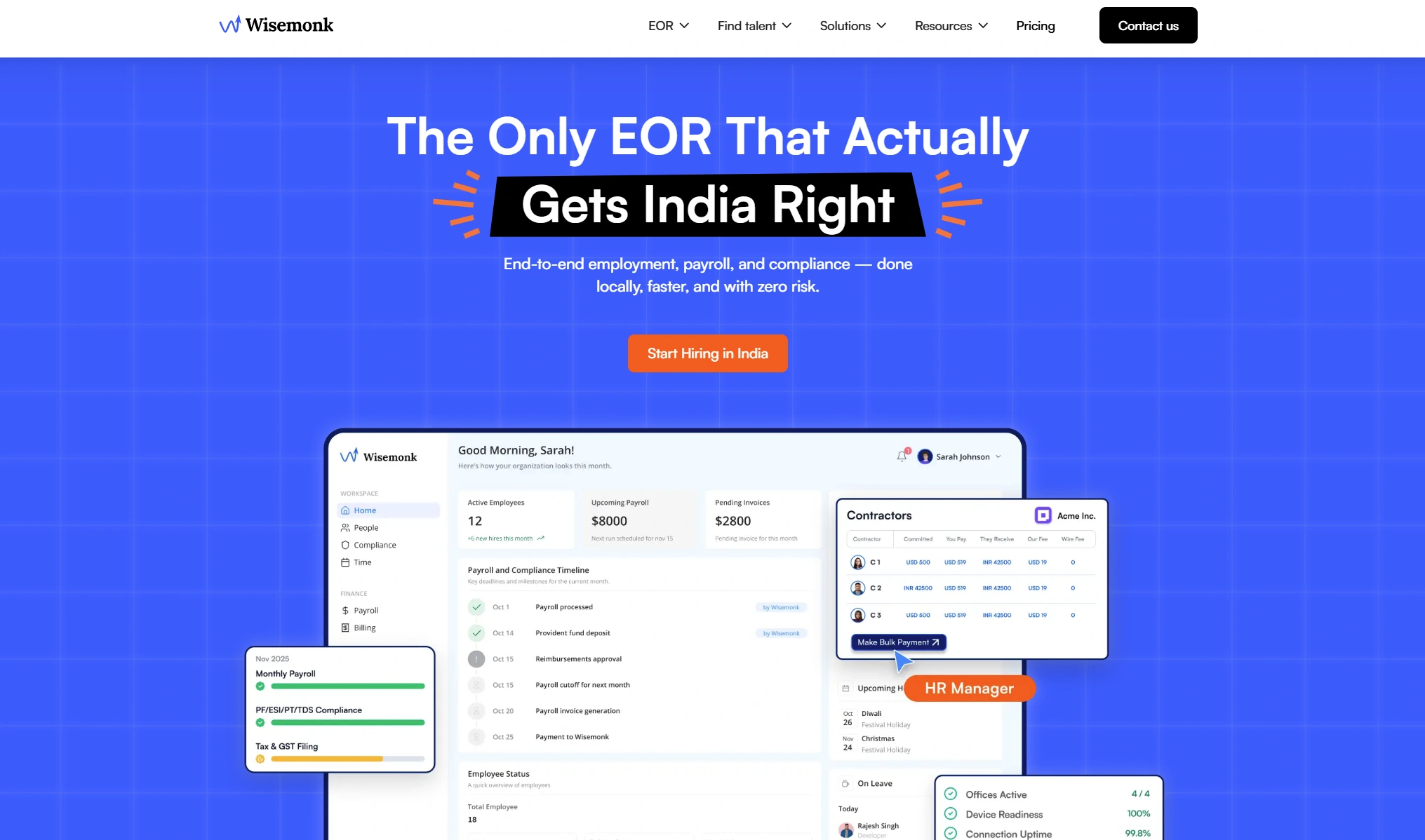 Wisemonk's Employer of Record platform with built-in payroll management for global companies hiring in India.