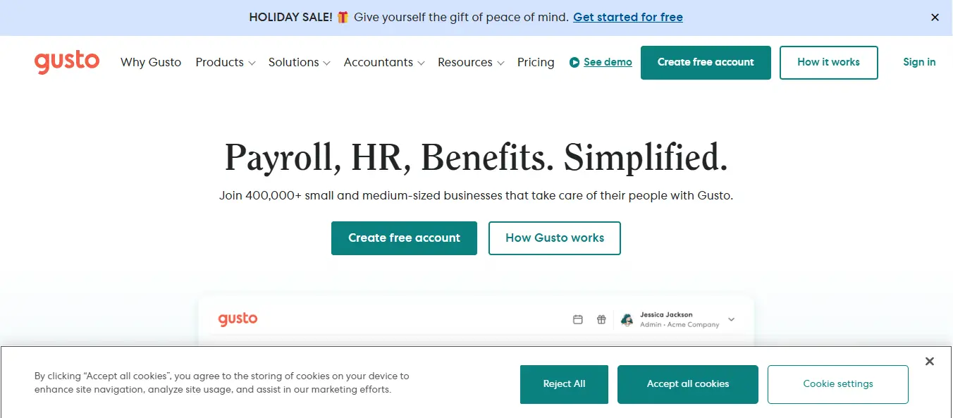 Screenshot of Gusto homepage showcasing its payroll, HR, and benefits management features for small to mid-sized businesses.