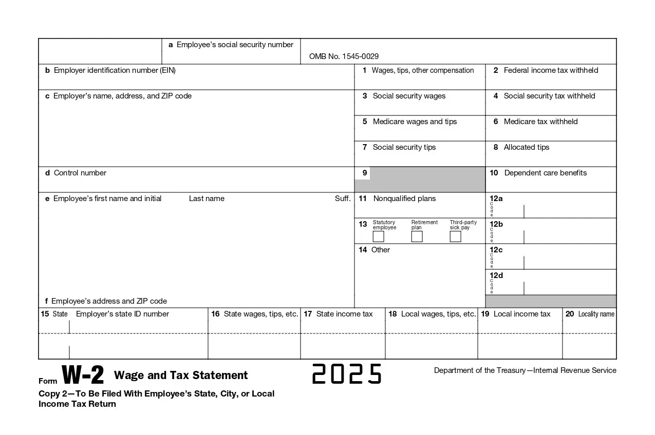 Close-up image of IRS Form W-2, used to report an employee's wages, tax withholdings, and other important financial information for tax filing.