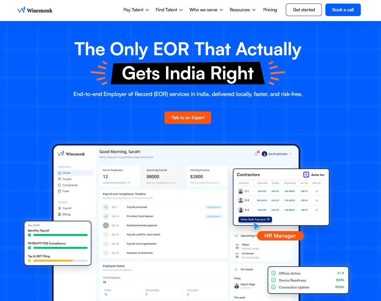Wisemonk HR outsourcing solutions, offering comprehensive services for businesses managing teams in India and abroad.