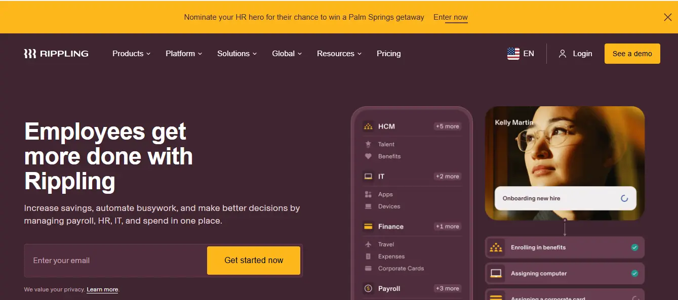 Rippling unified workforce platform showing HR, IT, and global payroll automation modules.