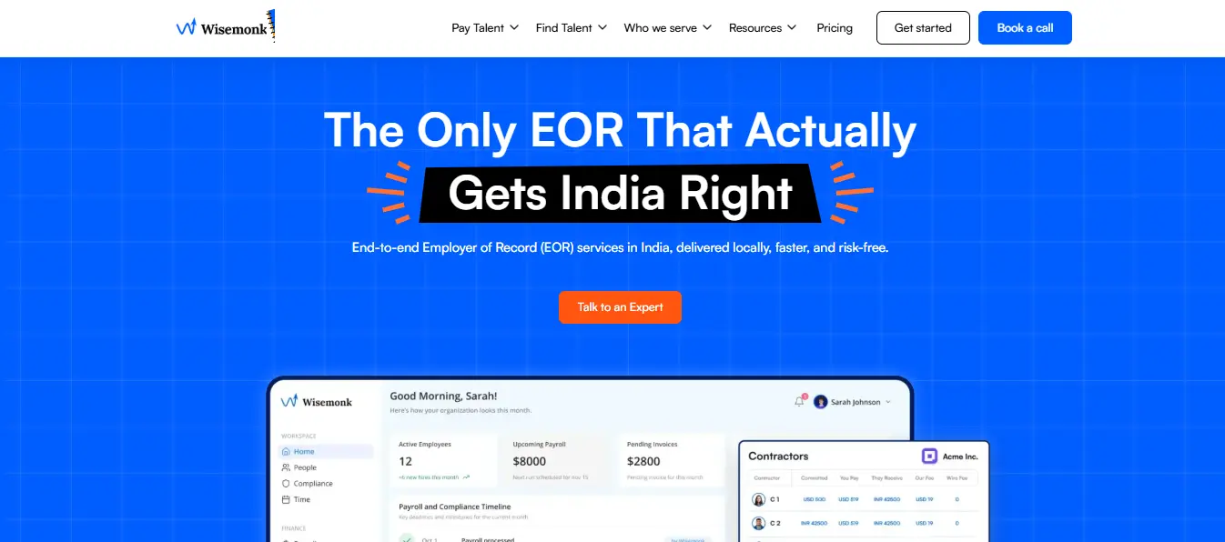 Wisemonk's EOR platform streamlining payroll, compliance, and HR operations in India.