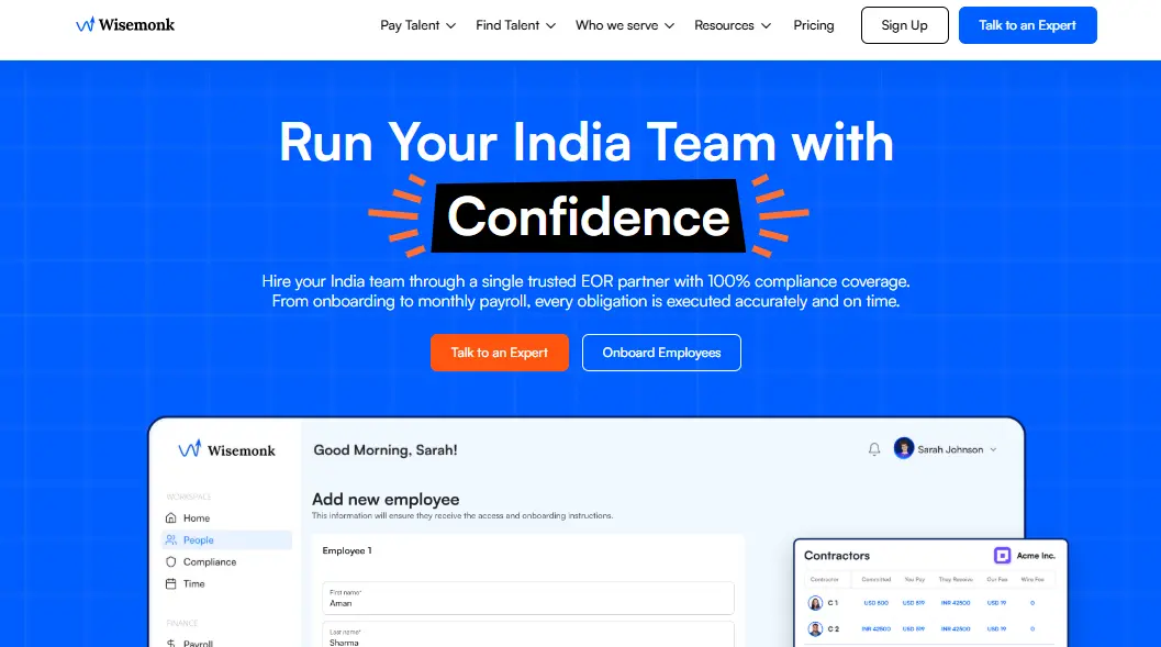 Wisemonk offers cost-effective EOR services with local expertise in Indian labor laws, providing payroll and compliance solutions for businesses hiring in India.