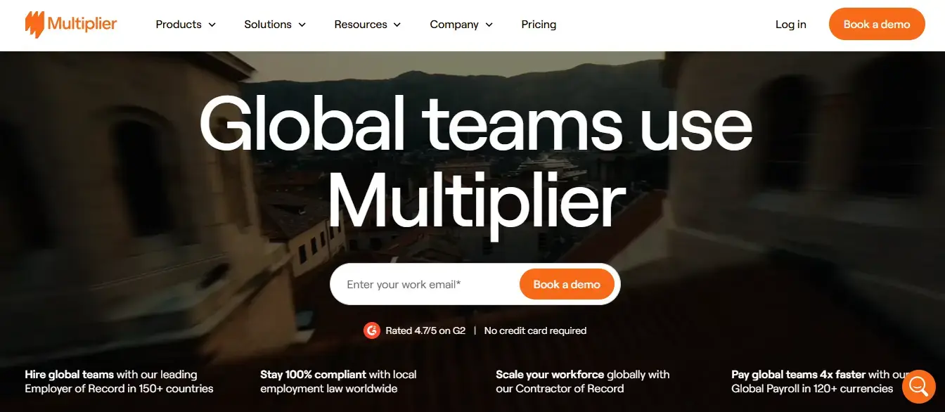 Multiplier employer of record platform dashboard showing global payroll and employee onboarding management