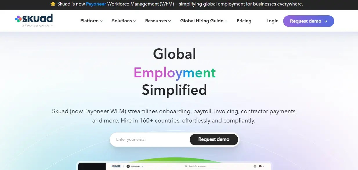 Skuad EOR platform for managing contractors and full-time employees across 160+ countries