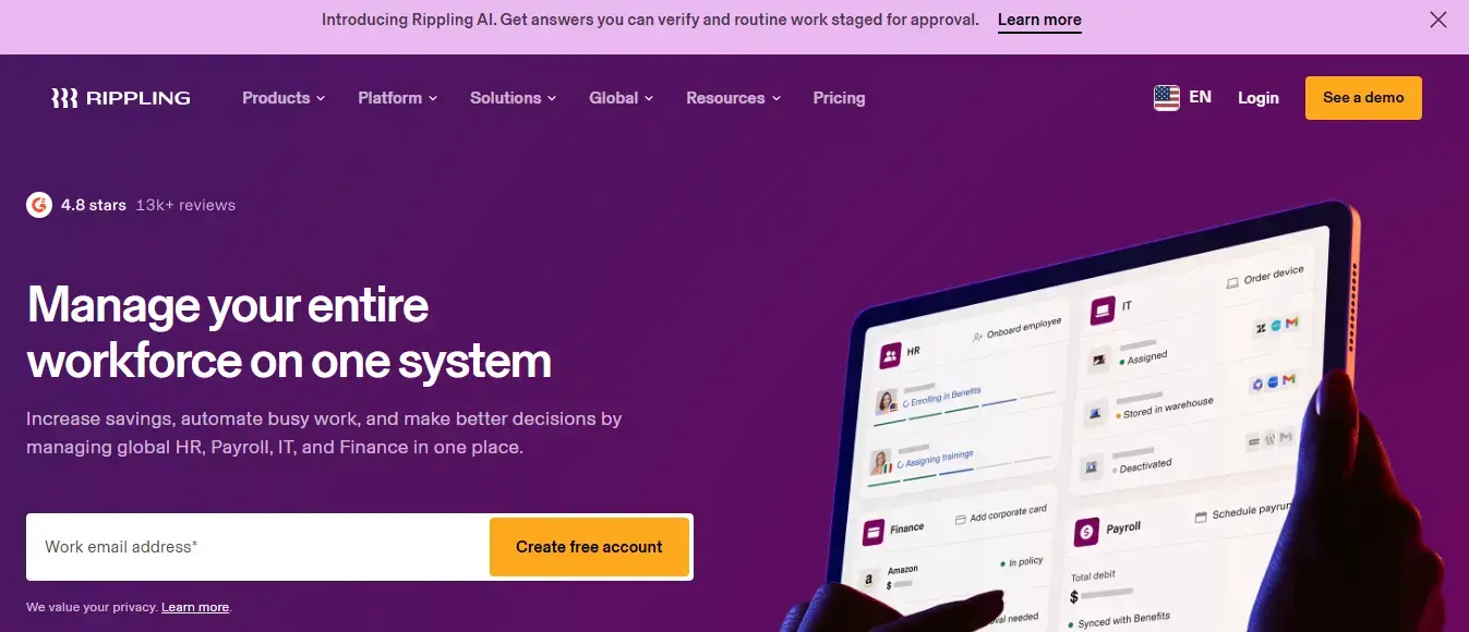 Rippling combines PEO services with HR, IT, and finance automation in one unified workforce management platform.