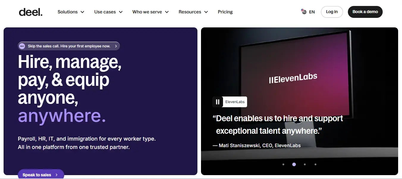 Deel simplifies global hiring, payroll, and compliance for distributed teams across 150+ countries.