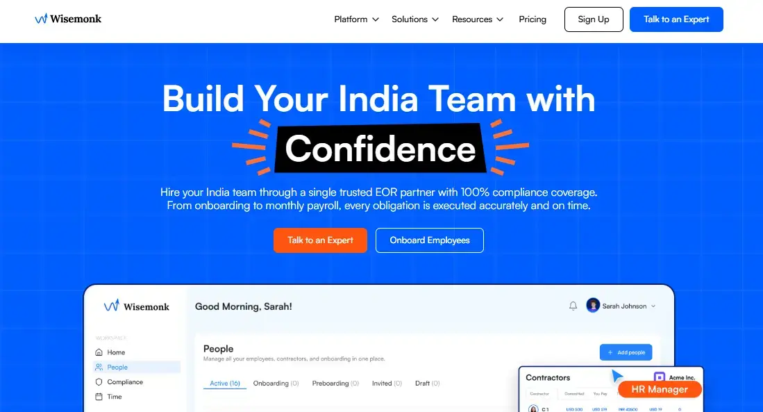 Wisemonk employer of record platform with employee management, compliance tracking, and contractor tools starting from transparent flat-fee pricing.