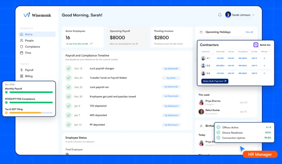 Wisemonk ASO and HR administration platform homepage offering payroll, compliance, and workforce management for global teams.