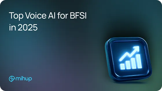 Text reading 'Top Voice AI for BFSI in 2025' with a glowing icon of a rising bar chart and arrow on a dark gradient background.