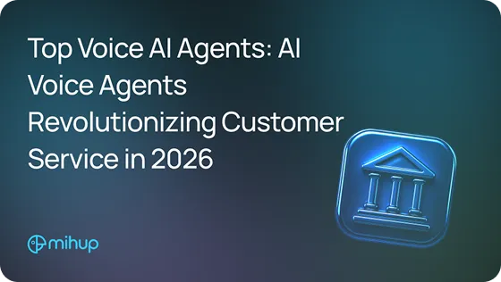 Text reading 'Top Voice AI Agents: AI Voice Agents Revolutionizing Customer Service in 2026' next to a blue icon of a classical building on a dark blue gradient background.