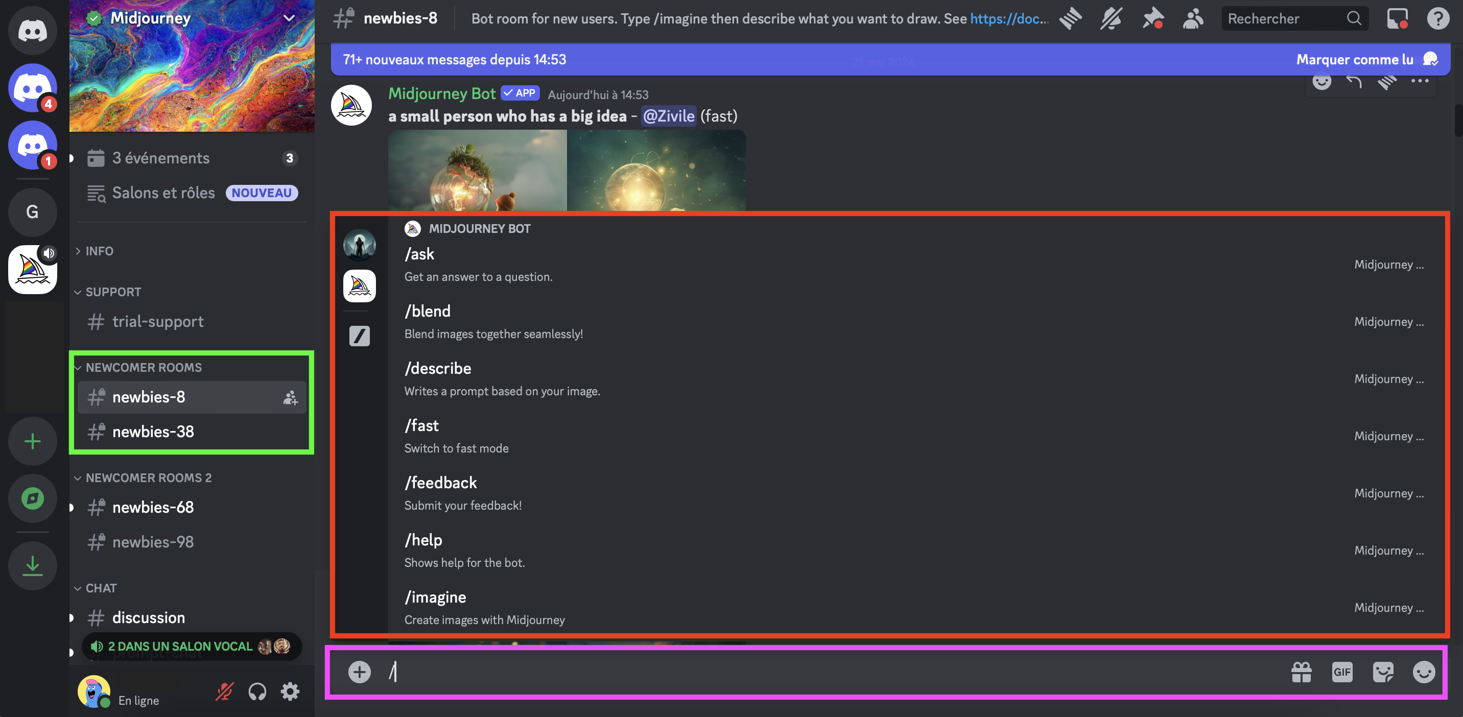 Capture d'écran de Discord sur le serveur Midjourney. Les salons sont surlignés en vert. Au centre, un message du "Midjourney Bot" avec des différentes commandes. En bas, une barre de saisie de texte.