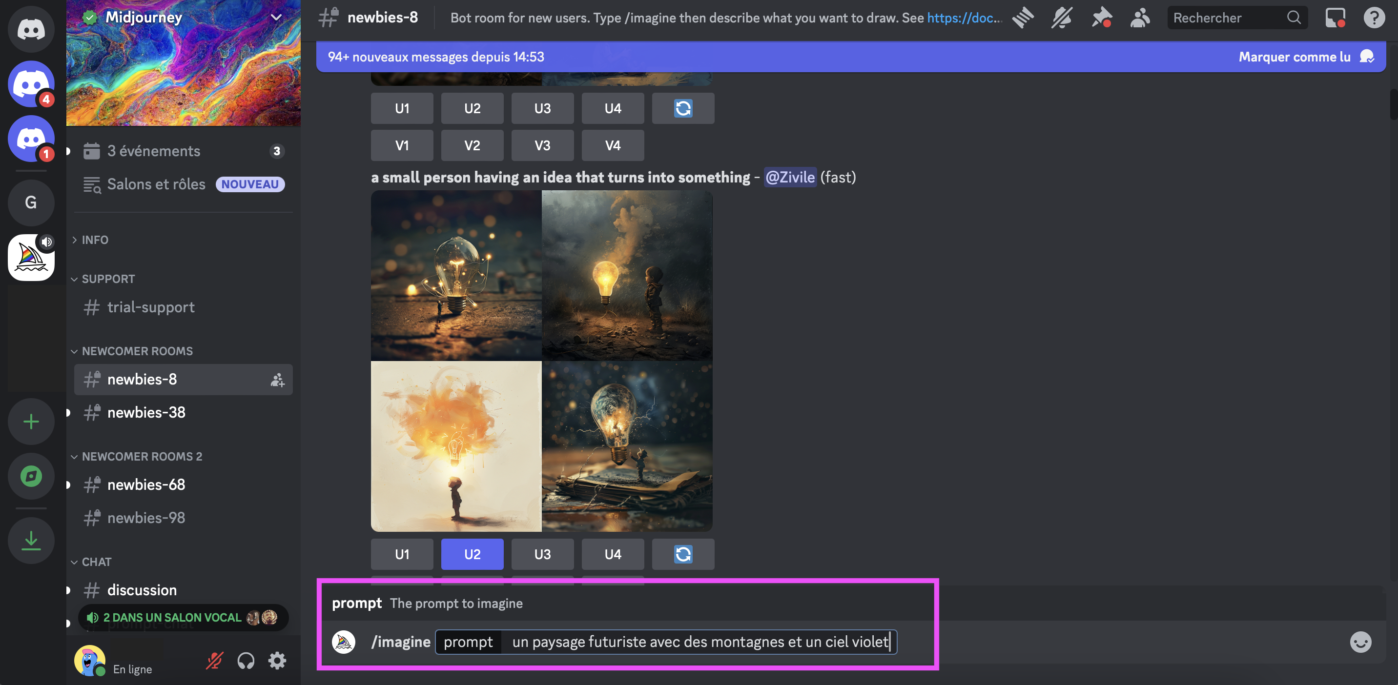 Capture d'écran Discord dans le serveur Midjourney. Message du "Midjourney Bot" avec images générées. Barre de saisie en bas avec prompt "/imagine prompt un paysage futuriste avec des montagnes et un ciel violet".