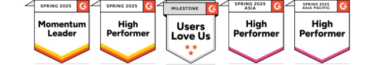 G2 award badges: Momentum Leader, High Performer, and Users Love Us