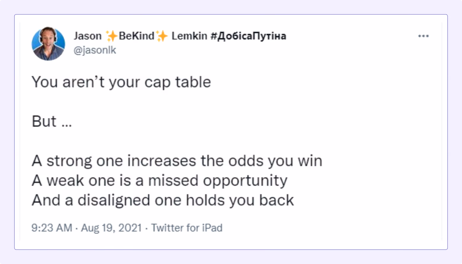 Cap table management tweet by Jason Lemkin