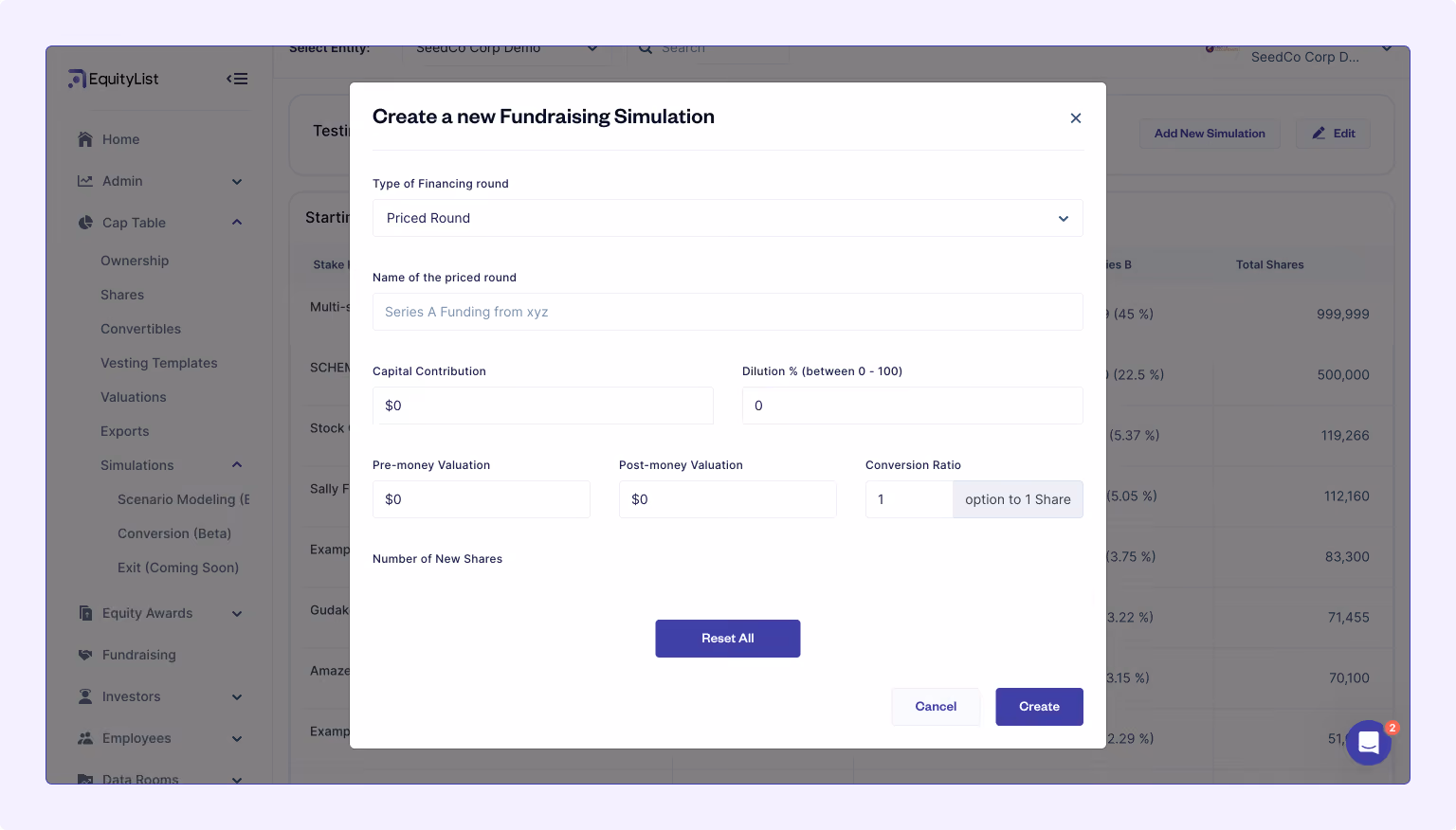 Scenario modeling on EquityList