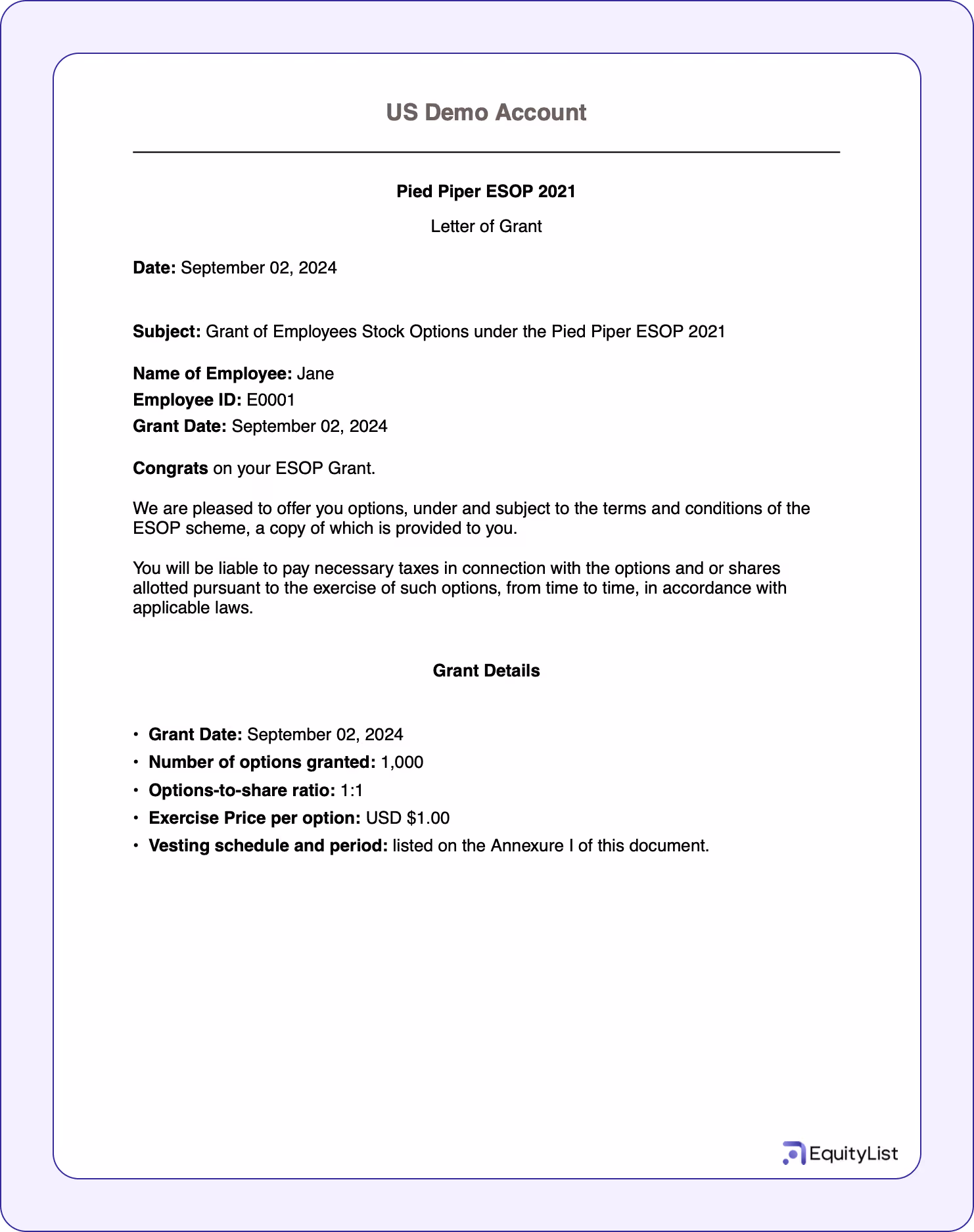 grant letter template EquityList