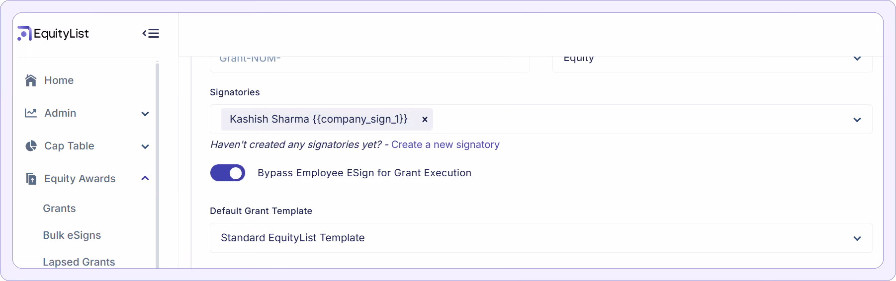 Product screenshot of EquityList's bypass employee e-sgnature toggle option.