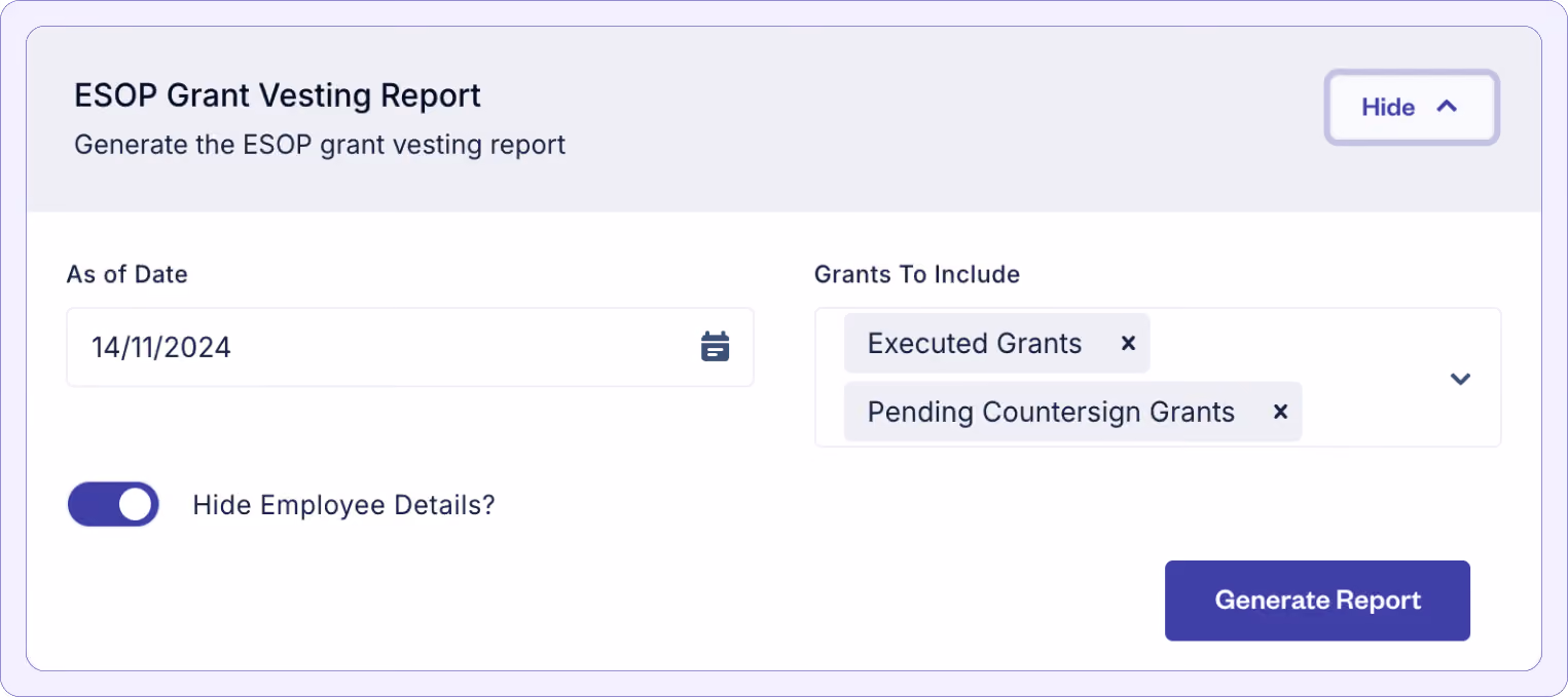 Product screenshot of EquityList's hide employee PII toggle.