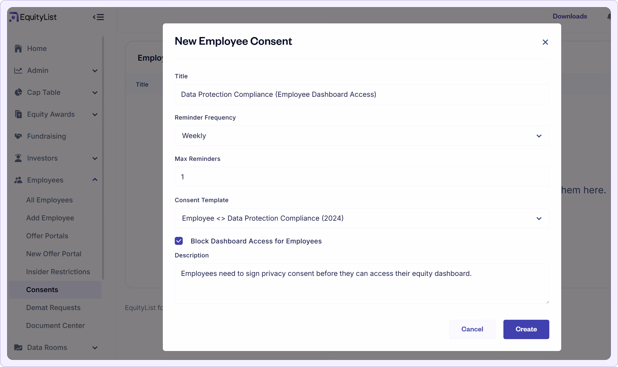 Product screenshot of EquityList's employee Consents page.