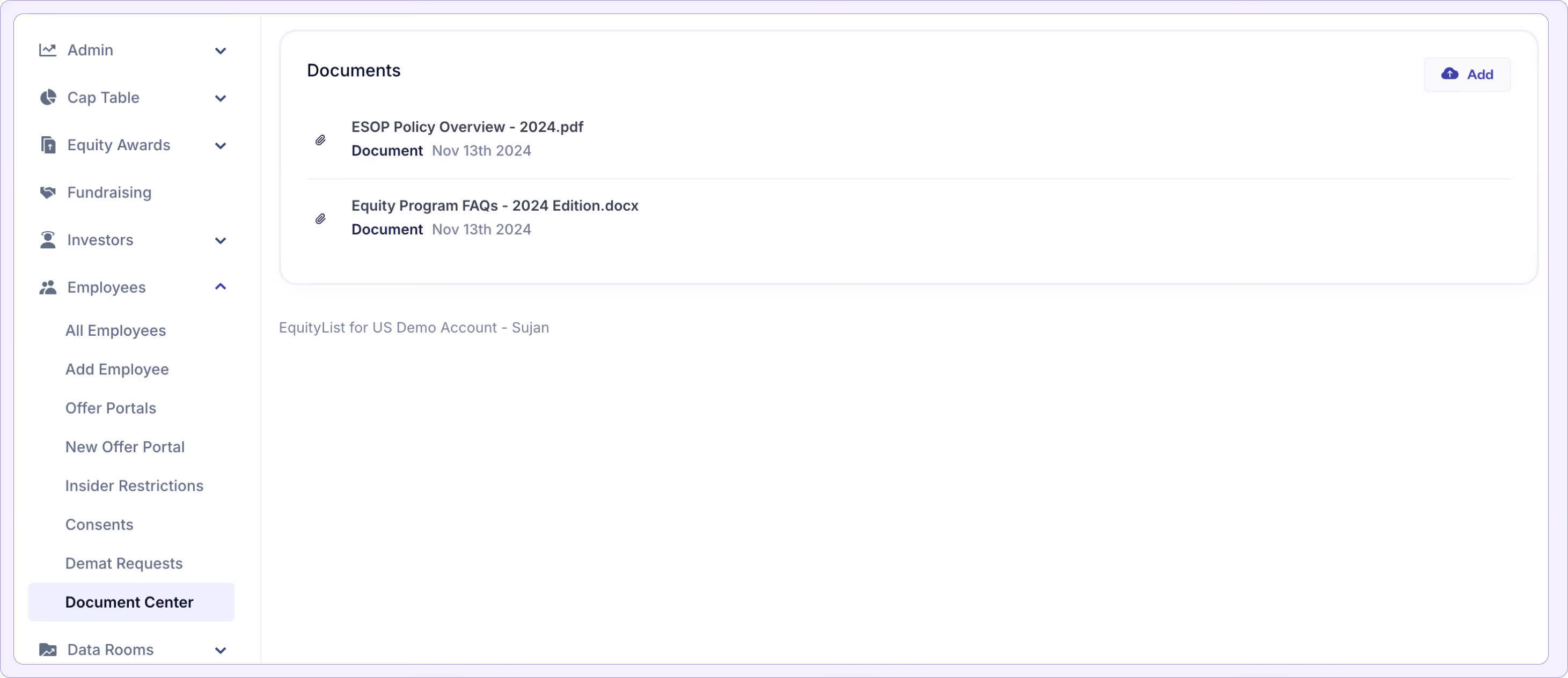Product screenshot of EquityList's Document Center page.