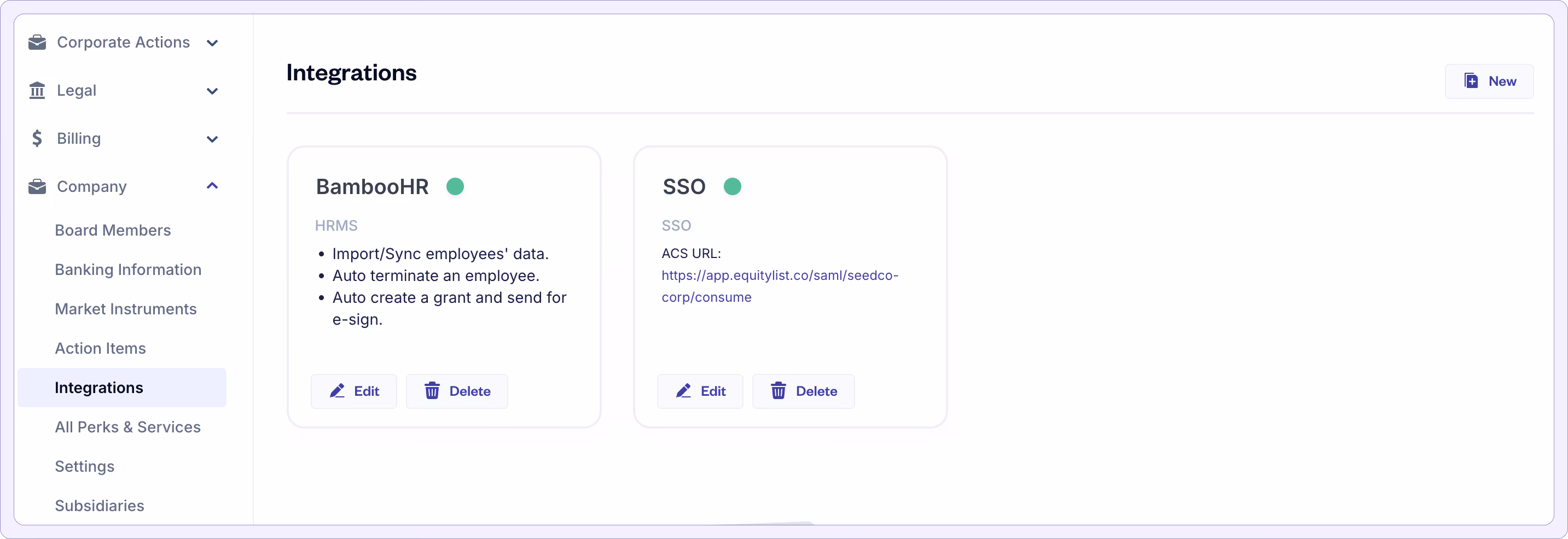 Product screenshot of EquityList's SSO integration page.