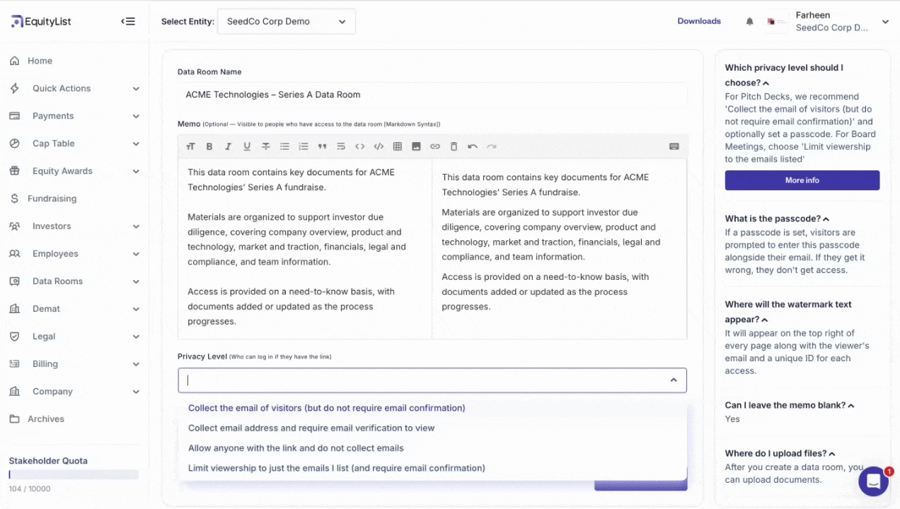 EquityList's data room module