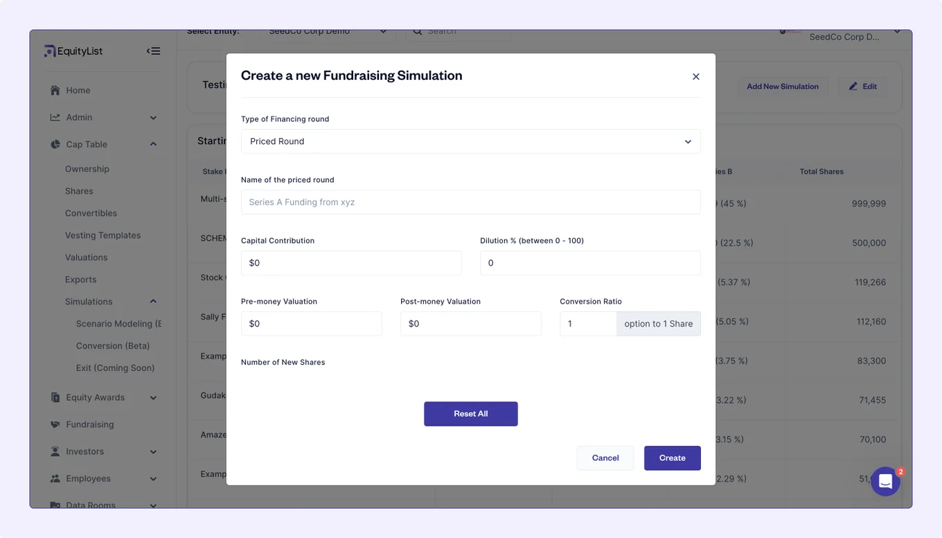 Scenario modeling on EquityList