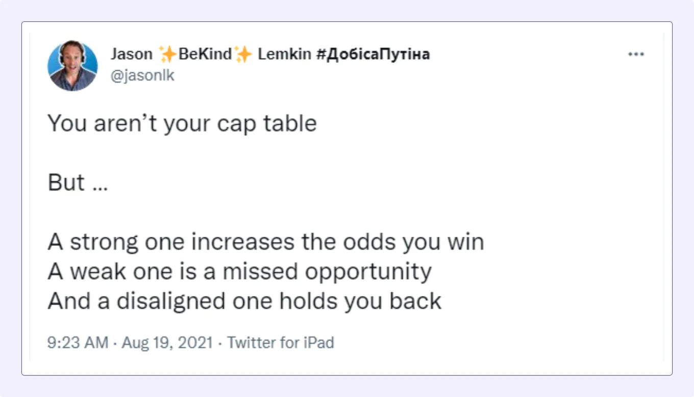Cap table management tweet by Jason Lemkin