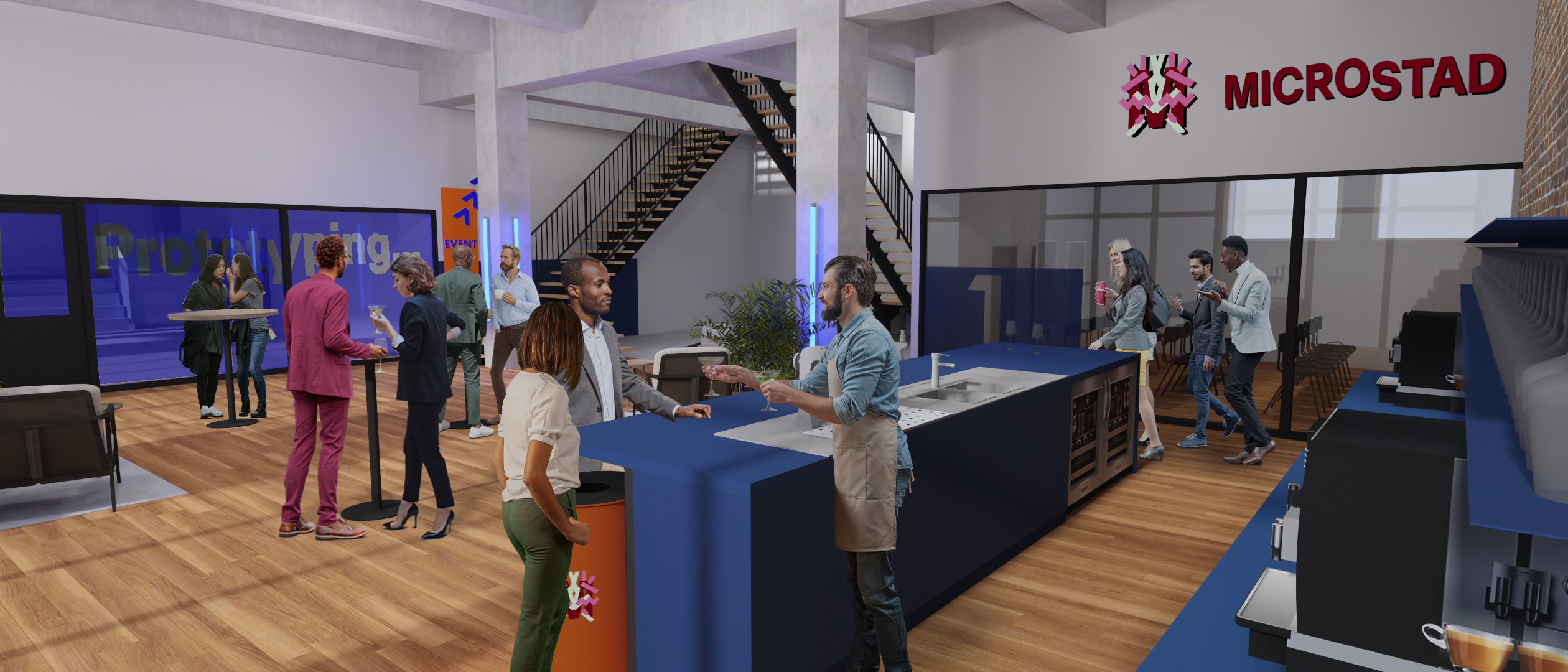Render van de Microstad event space op de begaande grond