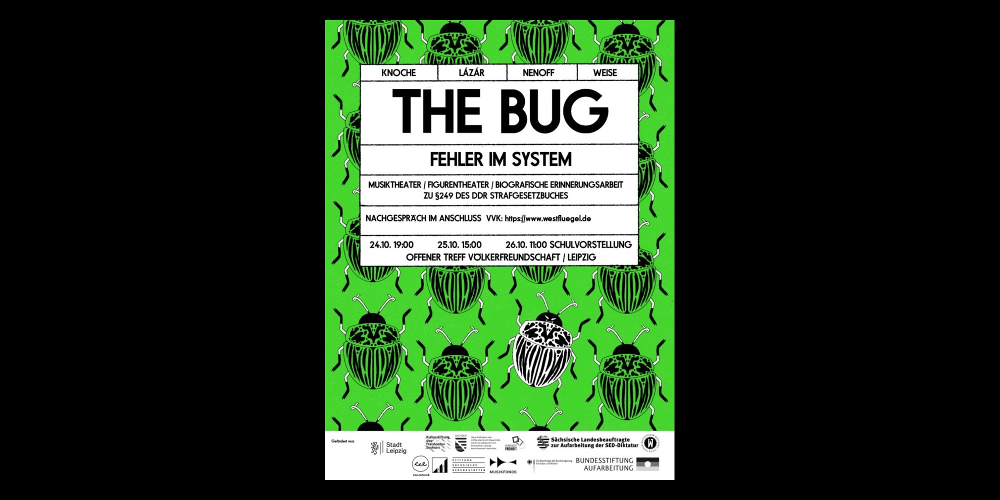 Plakat von THE BUG – Fehler im System: grüne Käfer-Illustrationen rund um den Titel, Termine 24., 25. und 26. Oktober im Offenen Treff Völkerfreundschaft Leipzig