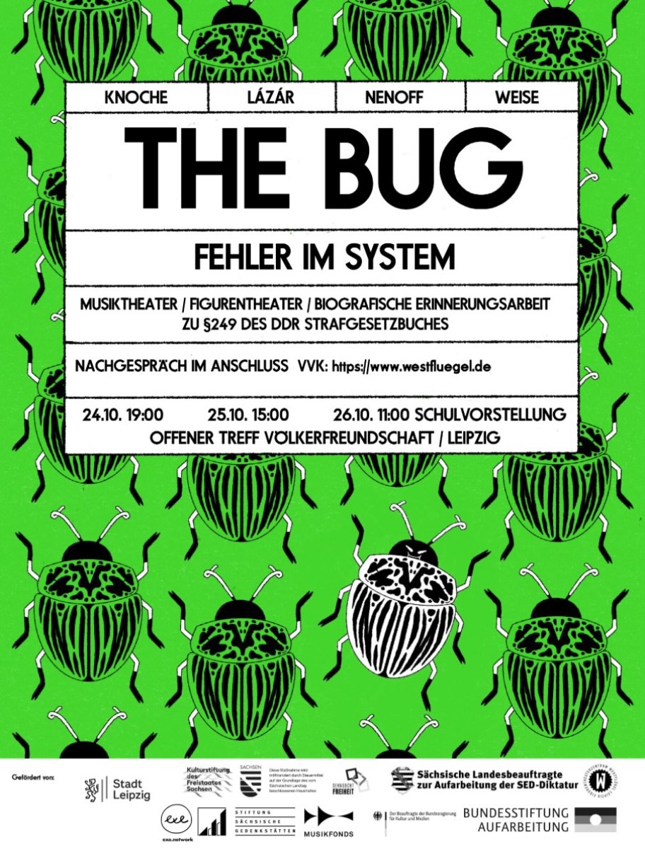 Plakat von THE BUG – Fehler im System: grüne Käfer-Illustrationen rund um den Titel, Termine 24., 25. und 26. Oktober im Offenen Treff Völkerfreundschaft Leipzig