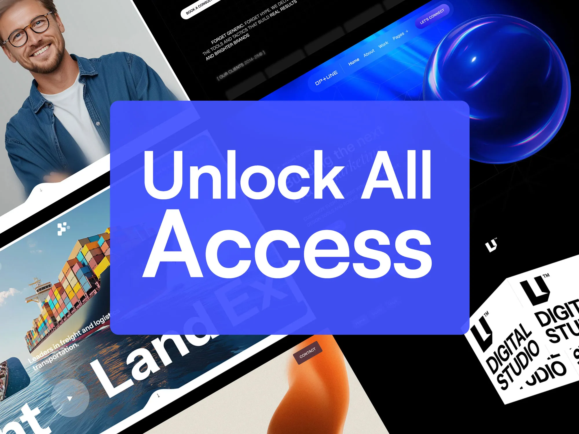 Collage of images including a smiling man with glasses, a cargo ship with containers, a digital studio logo, and a blue orb with the text 'Unlock All Access' prominently displayed in bold white on a blue background.