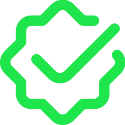 Green badge-shaped icon with a checkmark inside indicating trust or verification.