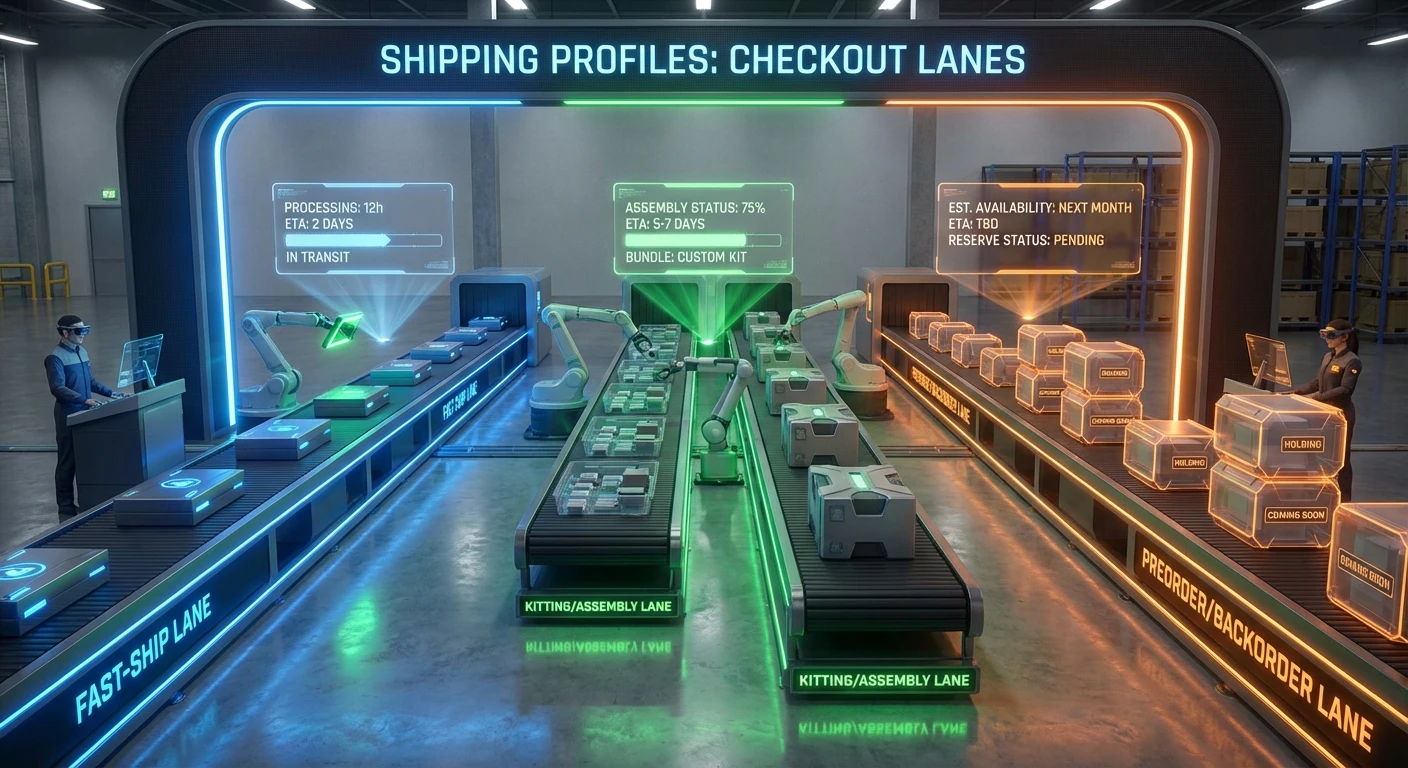 Workflow diagram showing Shopify shipping profiles, processing times, and 3PL batching steps.