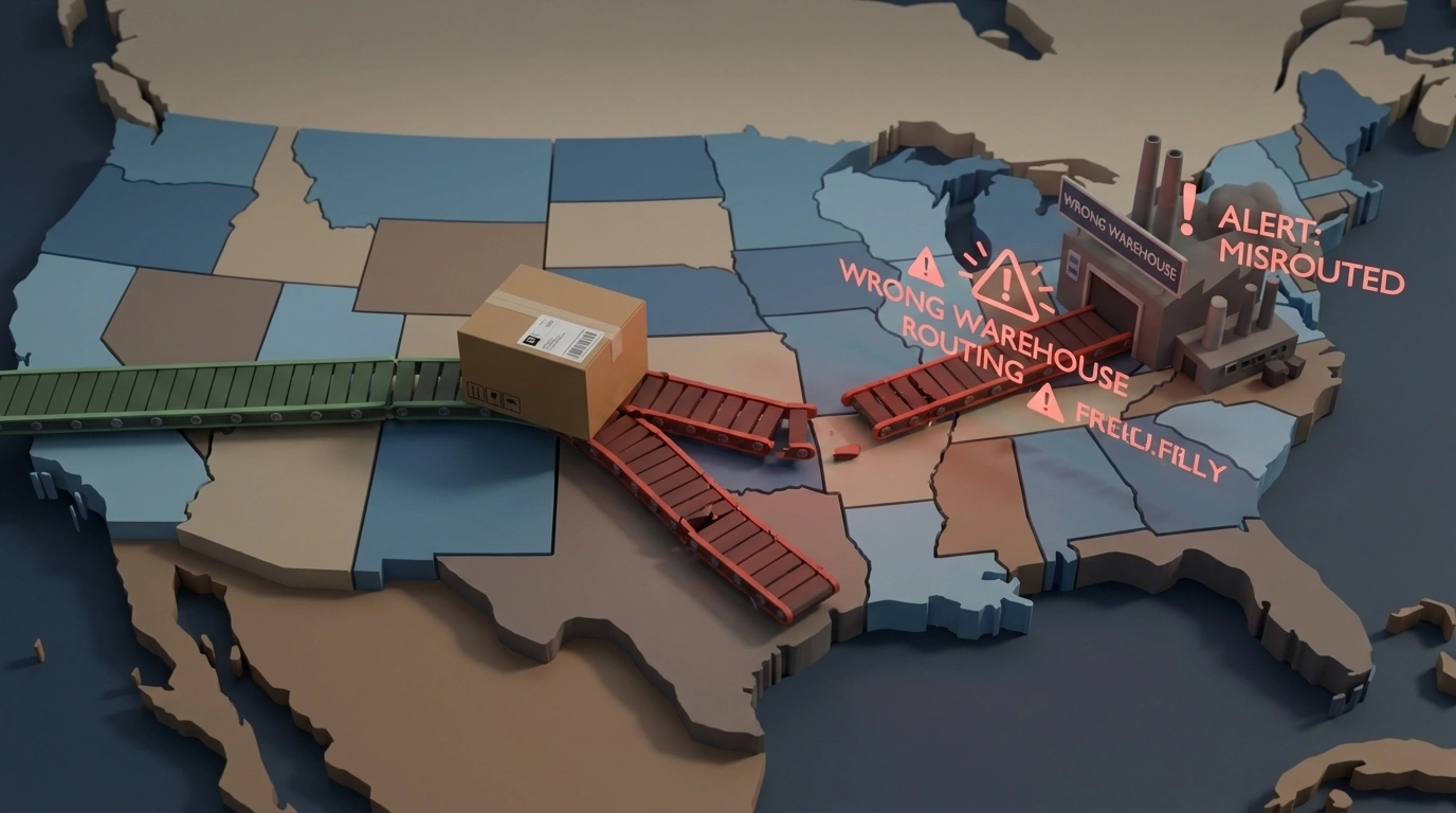 Overview visual for Shopify fulfillment errors impacting DTC order routing, shipping speed, and warehouse operations