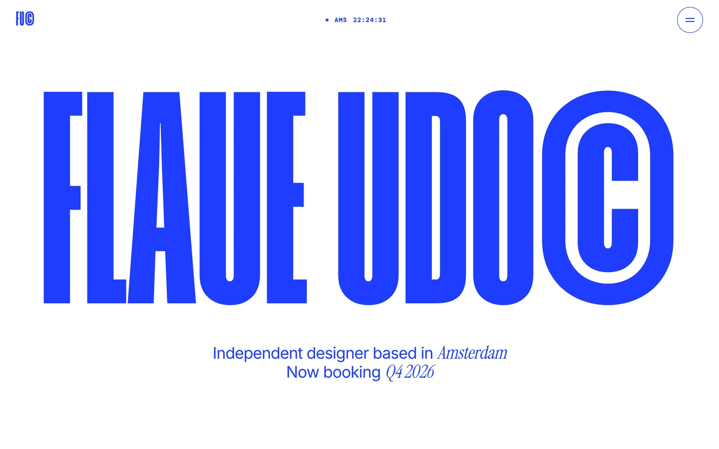 Flaue Udo is a bold royal-blue portfolio Webflow template for independent designers.