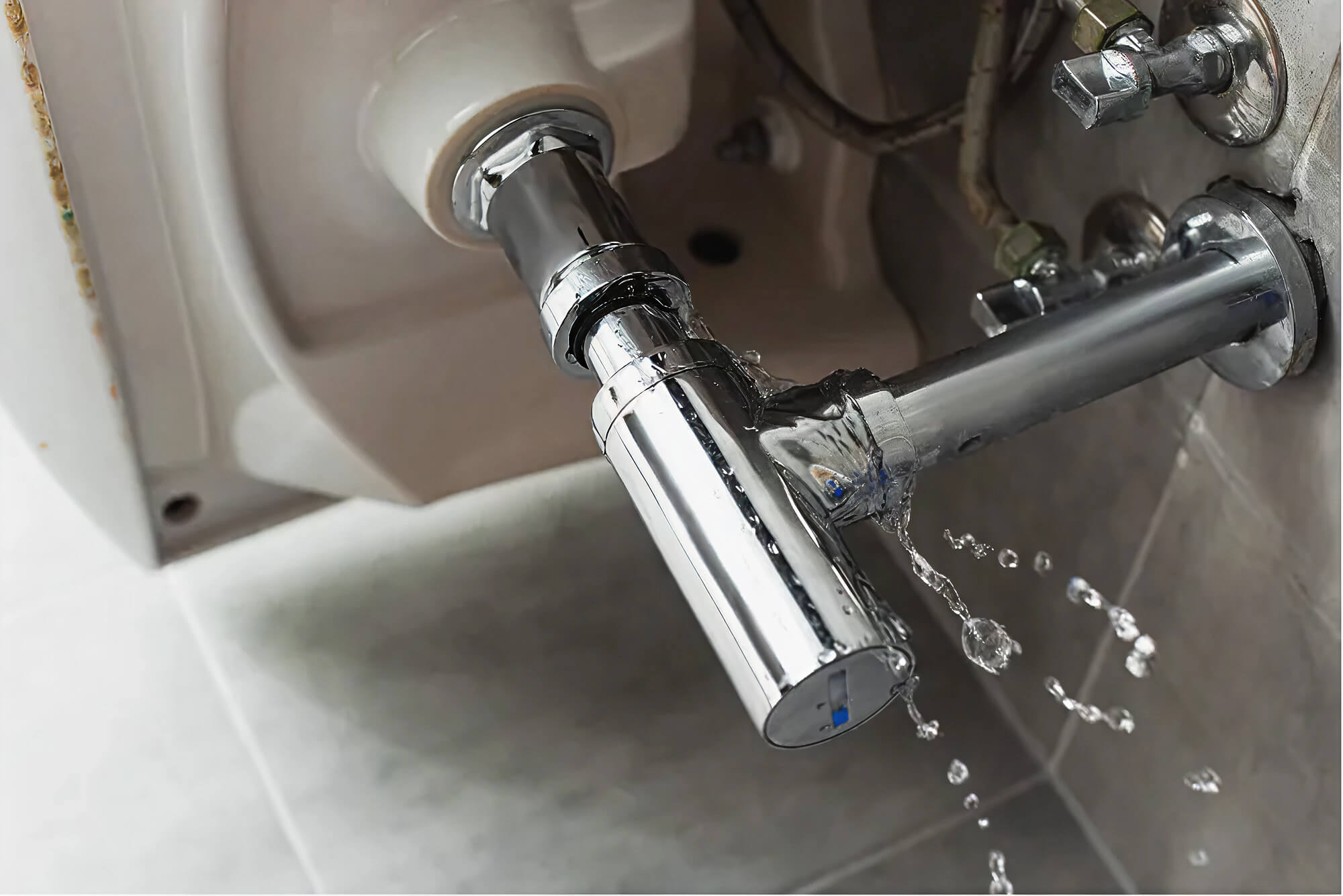 A leaking chrome faucet under a sink. The image captures water dripping from the joint where the faucet is connected to the pipe, with water droplets visible on the floor.