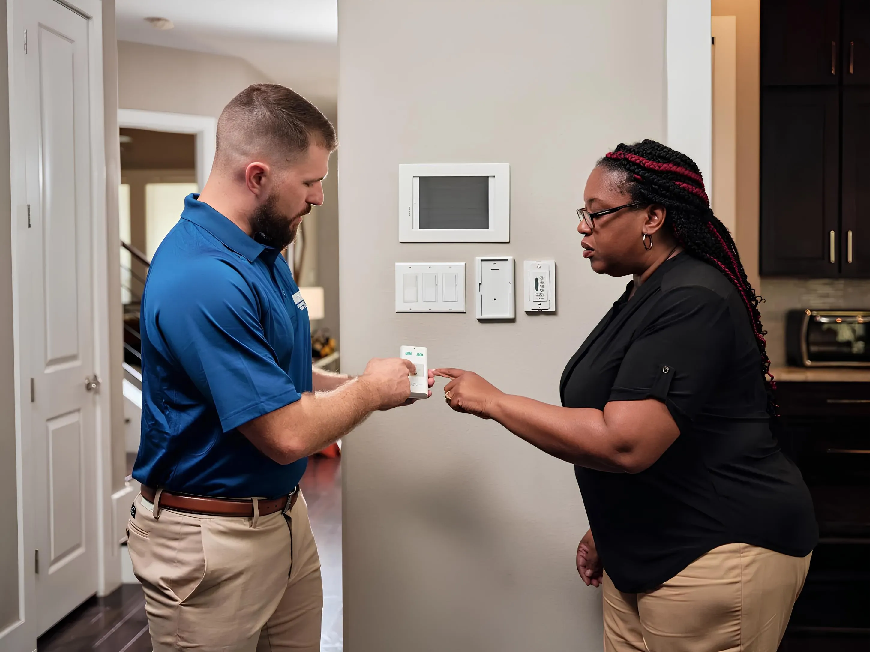 A technician in a blue Wagner shirt is inside a home, showing a woman in a black shirt how to use a smart thermostat. The woman is pointing at the device while the technician explains its features. They are standing next to a wall with several switches and a digital display.