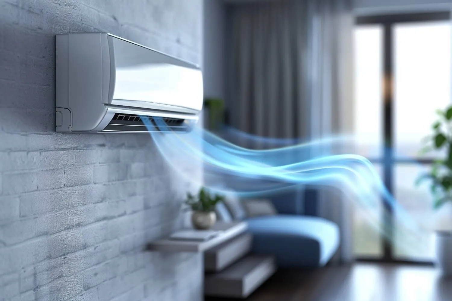 A modern white air conditioning unit mounted on a light gray brick wall is depicted, with blue airflow lines emanating from it. In the background, there is a blurred view of a living room featuring a blue couch, a small shelf, and potted plants. Large windows allow natural light to enter the room, creating a bright atmosphere.