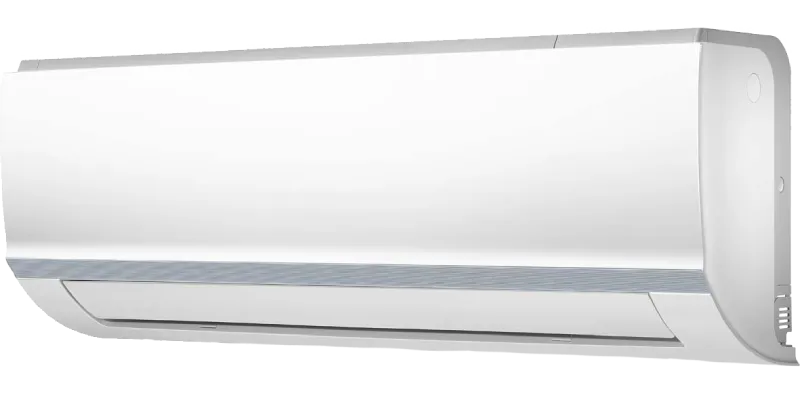 A modern wall-mounted air conditioning unit, featuring a sleek white design with a glossy finish. The unit has a horizontal orientation with a slim profile, a smooth front panel, and a decorative silver or grey strip running along the bottom. The right side includes a small control panel with buttons, and there are ventilation slits along the bottom edge for airflow. The background is plain, allowing the air conditioning unit to be clearly visible.