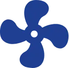 A blue, stylized propeller icon with four curved blades emanating from a central circular hub. The overall design is simple and flat, featuring a solid blue color against a white background.