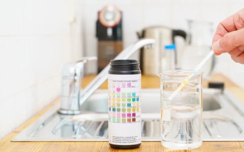A kitchen scene featuring a stainless steel sink with a clear beaker filled with water on the right. Next to it, on the left, is a cylindrical container labeled with a color chart used for testing. A person's hand is holding a test strip, which is partially submerged in the water. In the background, kitchen appliances such as a kettle and a coffee maker are visible, with a bright and clean atmosphere.