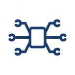 Icon of a central square connected to six wrench tools, depicting engineering or network repair.