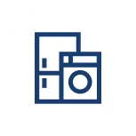 Icon of a fridge and washing machine in a blue outline on a white background.