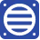 A blue circular grille icon with horizontal black stripes on a dark blue square background.